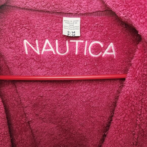 Vtg Nautica Plush Bathrobe Red Burgundy white trim Women’s S/M 100% Polyester - Picture 3 of 8